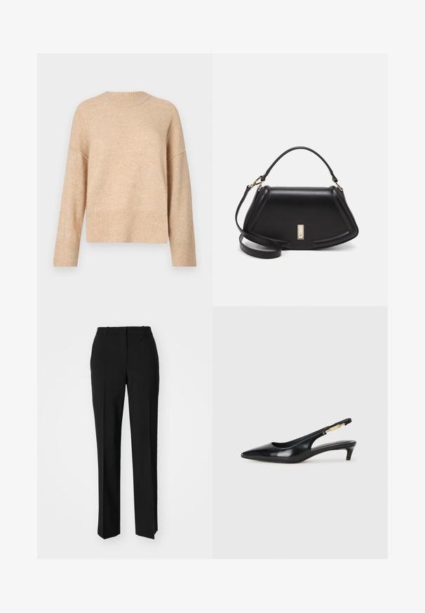 Pull en maille beige avec un col rond, des épaules tombantes et un ourlet côtelé. La texture semble douce et légèrement duveteuse.; Pantalon noir ajusté avec une coupe droite, présentant une texture lisse et des plis nets sur le devant. Aucune quincaillerie visible.; Talons hauts en cuir noir avec un bout pointu, dotés d'un talon fin et d'un accent en ton or sur la lanière réglable. Texture lisse.; Sac à main en cuir noir avec un design structuré, featuring une forme cropped, une poignée supérieure et des accents en matériel doré. Bandoulière réglable incluse.
