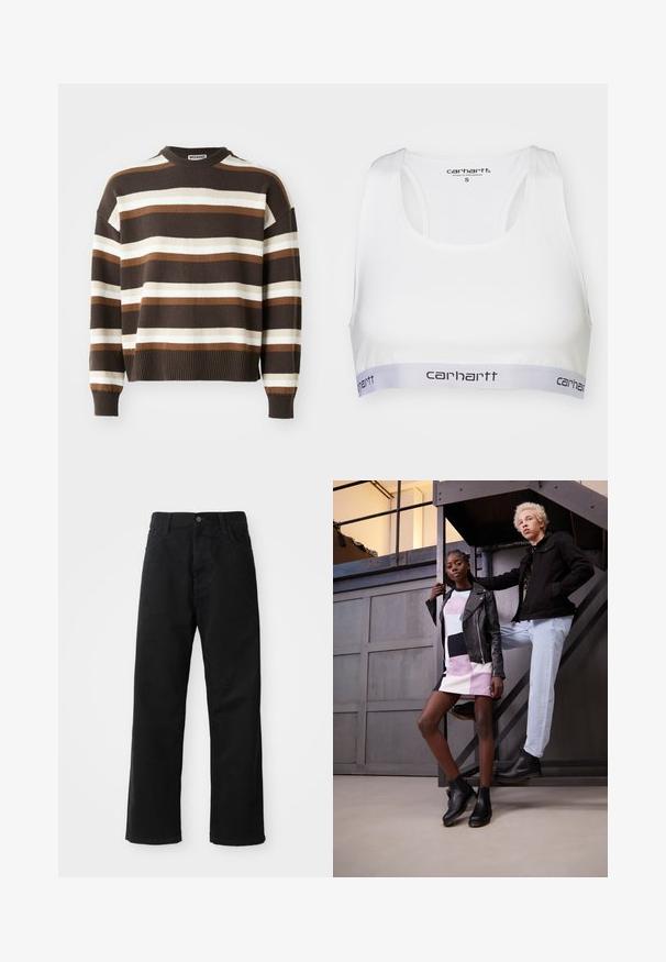 Suéter a rayas marrón y crema con un escote redondeado, puños y dobladillo acanalados, que presenta un corte relajado y una textura suave.; S sujetador deportivo blanco con un tejido suave, diseño de espalda nadadora y una banda elástica gris que presenta el logo de Carhartt en negro. Talla pequeña.; Pantalones de mezclilla negros con corte recto, con bolsillos frontales, cremallera y un solo botón en la parte superior. Tejido texturizado con un acabado mate.; Dos modelos posan en una escalera de metal. Una lleva una chaqueta de cuero negra sobre un vestido de rayas multicolores y botas negras hasta el tobillo. La otra viste una chaqueta negra, jeans claros y botas negras.