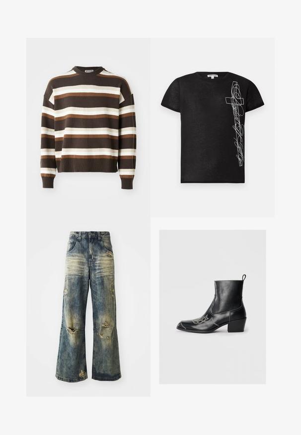 Pruun ja kreemjas triibuline sviiter ümarate kaelus, soonikkoes varrukad ja ääred, lõdva istuvuse ja pehme tekstuuriga.; Must mustaheaga mustrihiga T-särk, mis on valmistatud pehmest kangast, vasakul küljel valge tikandiga rist ja stiliseeritud tekst.; Faded sinised laiad püksid, millel on kulunud lõiked ja hõõrdunud serv. Omab traditsioonilist viie taskuga disaini ning vöörihmade auke vöökohtadel.; Mustad mustad mustad mustad, dekoratiivsete õmbluste ja madala plokkninaga. Esitleb tõmbluku jaoks, et seda oleks lihtne panna.