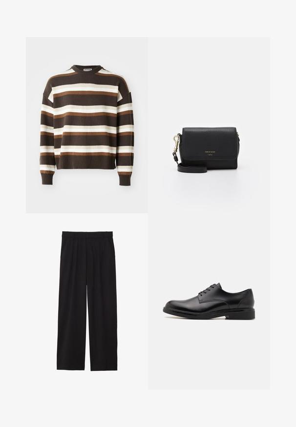 Pulover cu dungi maronii și crem, cu guler rotund, manșete și tiv cu rips, având o croială lejeră și o textură moale.; Pantaloni negri largi, cu un front plisat, buzunare laterale și o textură de țesătură netedă. Concepuți pentru o croială relaxată.; Pantofii negri din piele, cu un finisaj neted, vârful rotund, șase orificii pentru șireturi și un toc jos. Acestia au cusături fine și o talpă plată.; Geantă crossbody din piele neagră cu o finisare texturată, accesorii aurii, sistem de închidere cu clapetă și curea ajustabilă. Prezintă un logo pe partea din față.