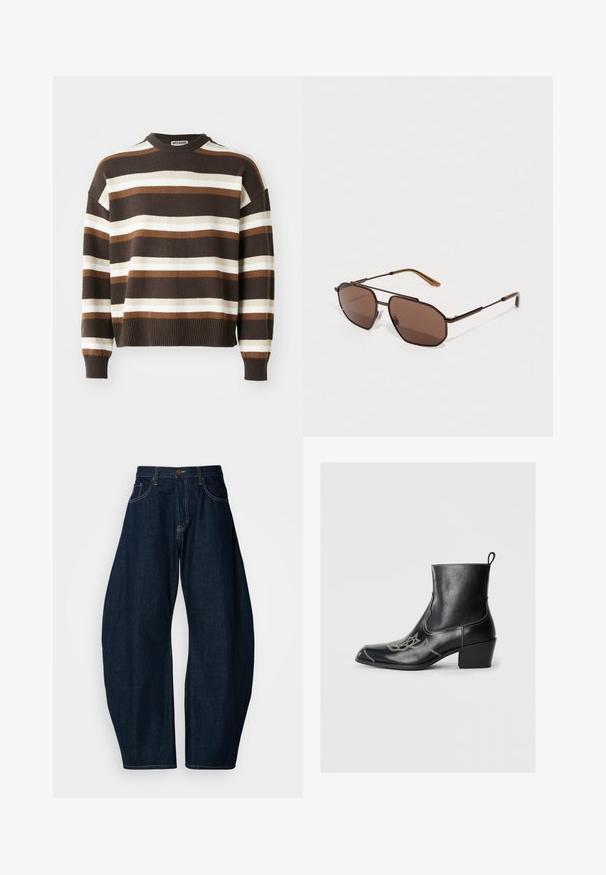 Gestreifter Pullover in Braun und Creme mit rundem Halsausschnitt, gerippten Bündchen und Saum, verfügt über eine lockere Passform und eine weiche Textur.; Dunkelblaue Jeans mit weitem Bein, ausgeführt mit auffälligen Nähten, fünf Taschen und einem Messingknopfverschluss am Bund.; Schwarze Lederstiefeletten mit quadratischer Zehenform, dekorativen Nähten und einem niedrigen Blockabsatz. Mit einer Schlaufe zum einfachen Anziehen.; Braune achteckige Sonnenbrille mit einem dünnen schwarzen Metallrahmen, ergänzt durch braune Bügel. Dunkel getönte Gläser bieten UV-Schutz.