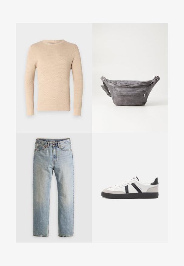 Šviesiai ruda megzta sveturė su tekstūriniu raštu, apvaliu iškirpimu ir gipiūriniais rankogaliais bei apačia. Lengvas, minkštas audinys, tinkamas sluoksniavimui.; Šviesiai mėlynos džinsinės kelnės su aukštu liemeniu, priekyje mygtukas, užtrauktukas ir penkių kišenių dizainas, išklotos ant neutralios fono.; Balti sportbačiai su juodais ir pilkais akcentais, pasižymintys tekstūruotu pilku pirštų dangteliu, juoda gumine padais ir plokščiomis baltomis raišteliais. Švarus dizainas, minimalistinis stilius.; Pilkas suedes fanny pack'as apvalios formos, su dviem užtraukiamais skyreliais ir reguliuojama diržele. Yra metaliniai aksesuarai.