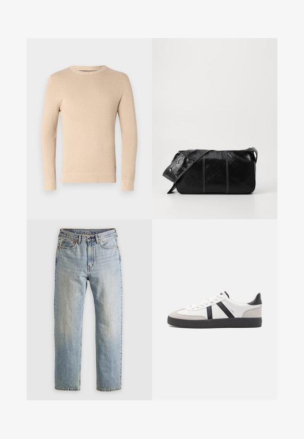 Beige kötött pulóver texturált mintázattal, kerek nyakkal, bordázott mandzsettákkal és aljjal. Könnyű, puha anyag, rétegezéshez tökéletes.; Világoskék farmernadrág magas derékkal, elülső gombbal, cipzárral és öt zsebbel, sima háttérre fektetve.; Fehér sneaker fekete és szürke részletekkel, textúrált szürke orr résszel, fekete gumitalppal és lapos fehér fűzőkkel. Tiszta dizájn, minimalista stílus.; Fekete bőr válltáska, cipzárral zárva, texturált felülettel, fehér varrással és ezüst fémgyűrűs pánttal.
