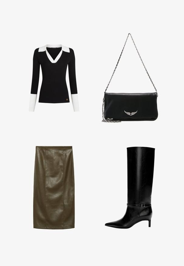 Černý žebrovaný svetr s bílým límcem a manžetami, výstřihem do V, úzkým střihem a zlatým logem na lemu.; Sukně v olivově zelené barvě z umělé kůže s hladkým povrchem, délka po kolena, s vertikálními švy pro přizpůsobený vzhled.; Černá kožená vysoká bota po kolena s špičatou špičkou a malým podpatkem. Obsahuje úzký pásek s kovovou sponou kolem kotníku. Hladký povrch.; Černá kožená psaníčko s stříbrným řetězovým popruhem, na přední straně s emblémem křídla, hladká textura a zipové uzavření na dně.