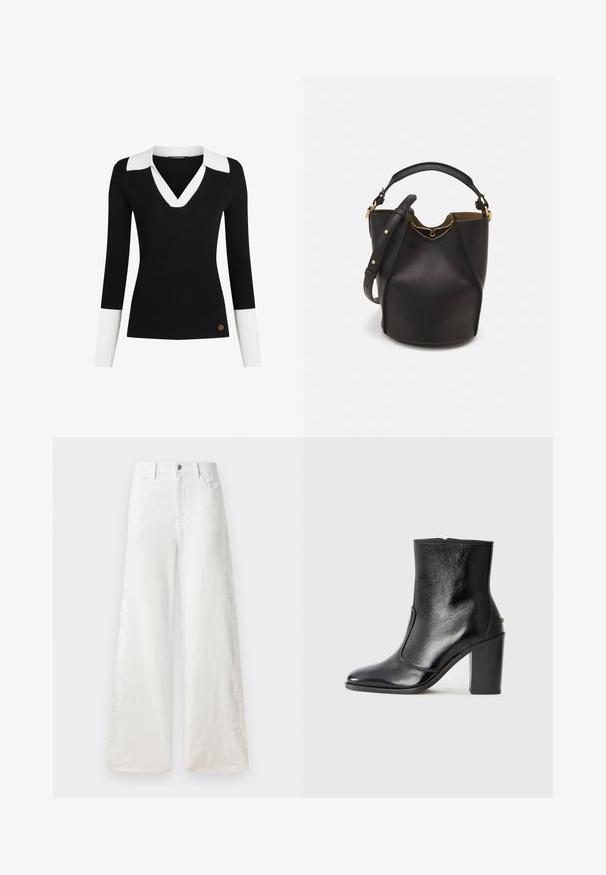 Black ribbed sweater featuring a white collar and cuffs, V-neck design, fitted shape, and a gold logo accent near the hem.; White wide-leg jeans made of denim featuring side embroidery patterns and traditional five-pocket design. Zipper closure with a button.; Black leather ankle boot with a smooth texture, pointed toe, and a chunky high heel. Features a side opening and minimalistic design.; Black leather bucket bag with a textured finish, gold hardware accents, and an open top. Features a short handle and adjustable shoulder strap.