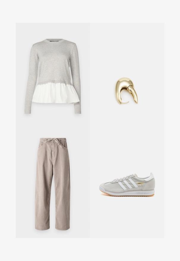 Siv vrhnji del s dolgimi rokavi z teksturirano pletenino in mehak bel slojevit peplum na dnu. Rjav vratni izrez in manšete.; Beige kordurojske hlače s sproščenim krojem, ki imajo vrvico za prilagajanje pasu, dva sprednja žepa in vertikalno rebrasto teksturo.; Svetlo sivi tenisice od antilopa i mrežaste tkanine, s tri bijele pruge, okruglim vrhom i gumenim potplatom. Zlatni logo akcent blizu vezica.; Uhane nakit iz zlatastega tona z gladko, ukrivljeno zasnovo. Ima edinstveno koničasto obliko, polirano površino in zaponko s tečajem.
