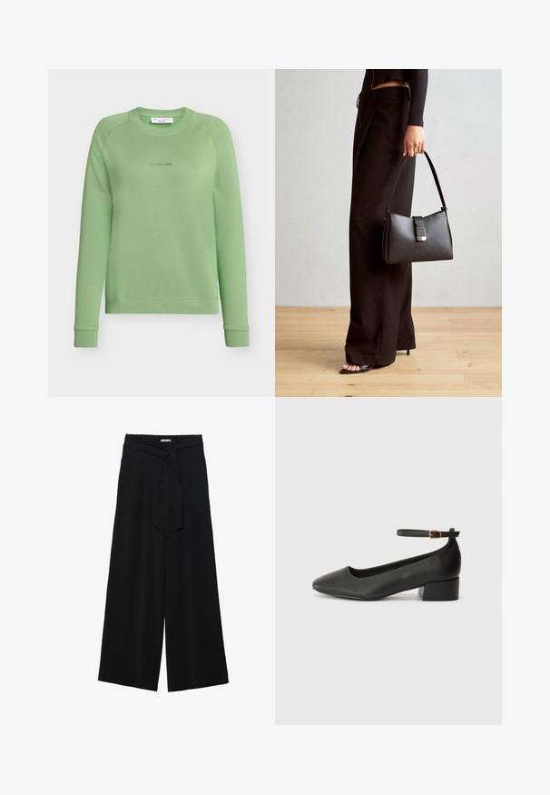 Sweatshirt verde com gola redonda, mangas raglan e punhos canelados. Apresenta um logótipo subtil da mesma cor no peito.; Calças largas pretas com um tecido texturizado, uma cintura elástica e um laço destacável na cintura para um ajuste ajustável.; Sandal de pele preta com bico pontiagudo e um salto bloco baixo. Apresenta uma tira no tornozelo com uma fivela em tom dourado. Textura suave.; Bolsa preta com forma estruturada, textura suave e um fecho metálico. Combinada com calças largas pretas e sandálias de salto aberto sobre um chão de madeira.