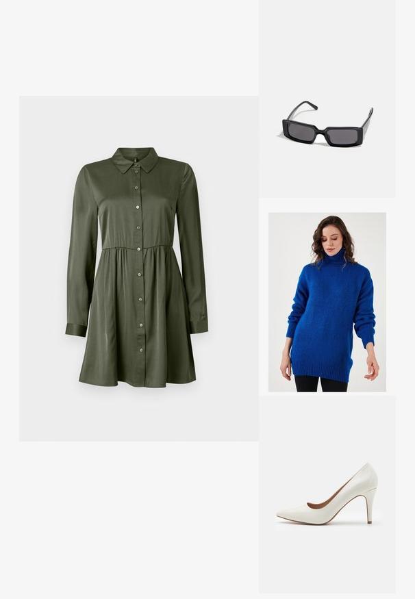 Mėlyna megztinis su aukštu kaklu, pagamintas iš švelnios, tekstūruotos medžiagos, su nukritusiais pečiais, rausvais rankogaliais ir laisvu siluetu.; Ilgas rankovės alyvuogių žalios spalvos mygtukų suknelė su prigludusia talija ir apykakle, šiek tiek išplatinta sijonėliu ir kaklo rankovėmis.; Baltos lakuotos odinės aukštakulnės bateliai su smailiu nosiu ir lygiu paviršiumi, turintys liesą kulną ir žemą iškirpimą aplink atidarymą.; Juodos saulės akiniai su stačiakampiu rėmu, tamsiais objektyvais ir lygiu blizgiu paviršiumi. Pasižymi plonais šonais su subtiliu prekių ženklo ženklu šone.; Michael Kors rankinė smėlio spalvos dengto kanvoje su pakartotiniu MK logotipo raštu, auksinėmis detalėmis ir nuimamu grandininiu dirželiu.