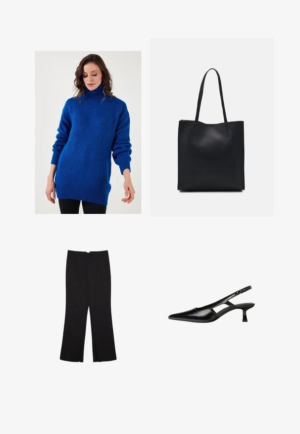 Sinine kõrge kaelusega kampsun, mis on valmistatud pehmest ja tekstuurist kangast, omades langenud õlgu, soonikuid mansetis ning lõdva istuvusega.; Mustat housut suoralinjaisella leikkauksella, joissa on etutaskut ja sivurei'ät helman alla. Valmistettu pehmeästä ja sileästä kankaasta. Sopii eri tilaisuuksiin.; Mustat lakatut nahkakengät, joissa on viistopää, leikattu sivusuunnassa ja pieni neliökoroke. Sujuva pinta, jossa on minimaalinen koristelu.; Mustapahkainen kangaskassi, jossa on sileä pinta, suorakaiteen muotoinen ja kaksi pitkää kahvaa. Ei näkyvää metalliosaa tai koristeita.