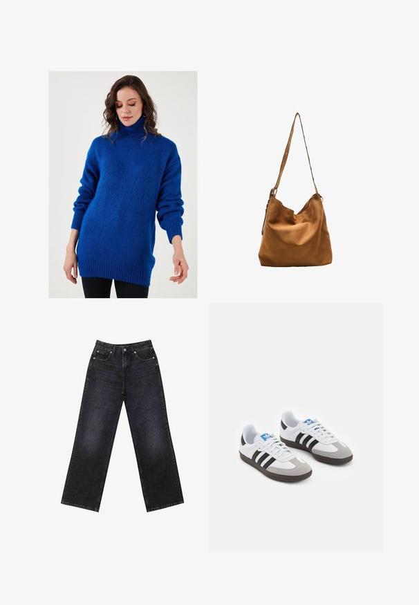 Modra turtleneck pulover iz mehkega, teksturiranega blaga, ki ima spuščena ramena, rebraste manšete in sproščen kroj.; Visoke črne-denim hlače z širokim krojem, zasnovane s petimi žepi in vidnimi šivi. Tkanina ima gladek, rahlo teksturiran videz.; Športni čevlji z belim usnjenim zgornjim delom, sivim semišem na prstih in tremi črnimi črtami. Imajo modro logo na jeziku in teksturiran gumijast podplat.; Rjava semiš torba za rame z mehko teksturo, ukrivljenim zgornjim robom in dolgim trakom, ki ima dekorativne kovinske zakovice.