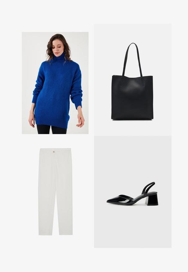 Kék garbó pulóver kellemes tapintású, textúrált anyagból, ejtett vállakkal, bordás mandzsettákkal és laza fazonnal.; Fehér, testreszabott nadrág egyenes szárú szabással, gombos záródással, övcsatolókkal és oldalsó zsebekkel; sima textúrájú anyag.; Fekete lakk bőr szandálkés magas sarkú cipő, hegyes orral és geometrikus tömbsarkakkal. Karcsú, minimalista dizájn és sima textúra jellemzi.; Fekete bőrtáska sima felszínnel, téglalap alakú, két hosszú füllel. Nincs látható fémkiegészítő vagy díszítés.