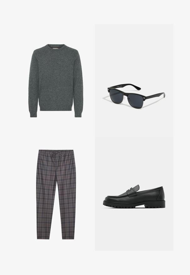 Grijze ronde hals trui gemaakt van gestructureerde gebreide stof. Heeft lange mouwen en ribgebreide manchetten en zoom. Geen patronen of opvallende accenten.; Grijze geruite broek met een elastische tailleband en trekkoord. Het materiaal lijkt zacht, met een subtiele textuur en contrasterende zwarte lijnen in het patroon.; Zwarte leren instappers met een ronde neus, voorzien van een gestikt ontwerp, een lage platformzool en een gestructureerde, grof rubberen buitenzool.; Zwarte zonnebril met een rechthoekige vorm, donkere lenzen, zilveren accenten bij de slapen en een matte afwerking op het montuur.
