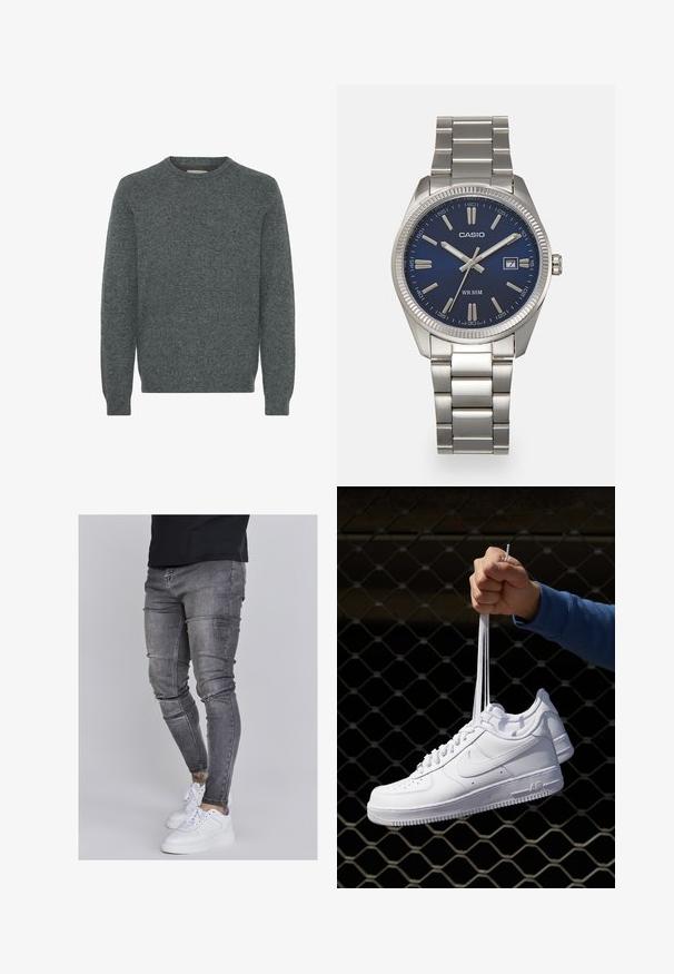 Hallide kraeusketriga, mis on valmistatud tekstuuriga kudumriidest. Omab pikki varrukad ja soonikkoes käe- ning alläärte. Ilma mustrite või eristuvate aktsentideta.; Kitsad teksad tuhmhall denimil, millel on kulunud detailid põlvedes, koos valgete tossudega. Sile tekstuur, kitsas lõige.; Valged nahast tennisetossud, millel on perforatsioonid, ümar nina, lame tallus ja paksud nöörid, nähtava swooshi logoga ja "AIR" kontsadel.; Hõbedane roostevabast terasest käekell, tumesinise lõpliku, metallsete tuntud numbrite ja kuupäevanäidikuga kell 3 juures. Veekindel kuni 50 meetrit.