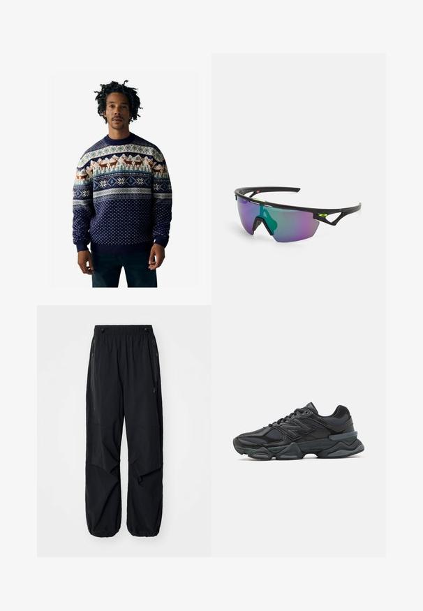 Navy knitted sweater featuring winter-themed patterns, reindeer designs, snowflakes, and geometric accents in cream and blue tones.; Black lightweight cargo pants with an elastic waistband, side zippers, and spacious pockets. Features a loose fit and tapered cuffs.; Black running shoe featuring a mix of mesh and synthetic materials, chunky sole, curved design, and prominent branding on the side.; Sport sunglasses with a black frame, large gradient lens featuring purple and green hues, and angular design accents with logo detail.