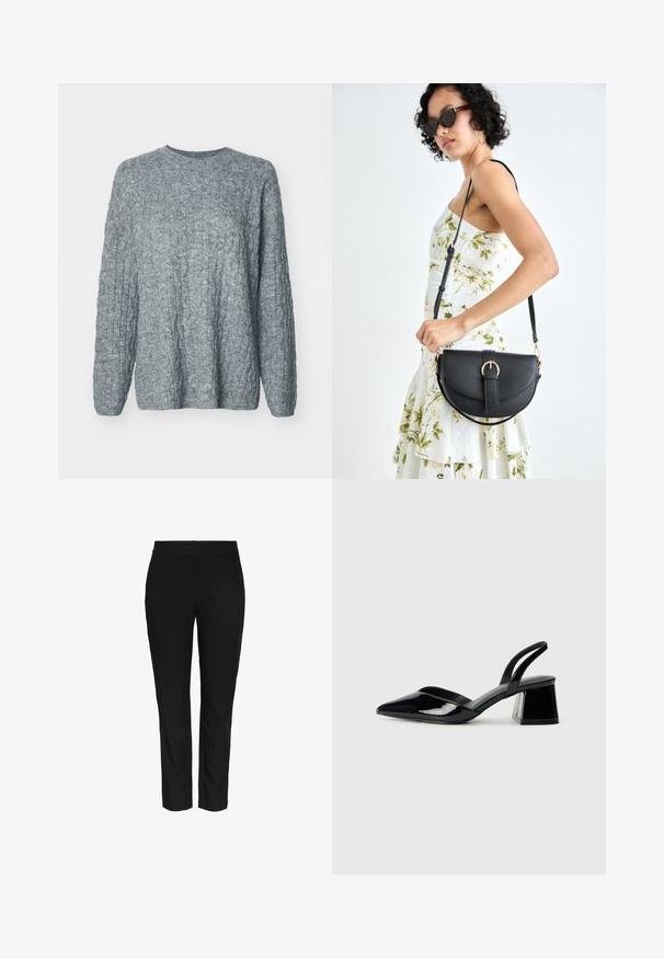 Sweater cinza de malha com um design texturizado e canelado. Gola redonda e mangas longas. Feito de um material macio e de peso médio.; Calças pretas, de corte justo, feitas de um tecido liso e tecido. Apresentam uma cintura padrão e sem bolsos visíveis. Aparência limpa e ajustada.; Sandy em verniz preto com salto slingback, ponta afilada e salto geométrico. Apresenta um design elegante e minimalista com textura suave.; Bolsa de couro preta com forma curva, alça destacável e detalhes em dourado. A bolsa possui uma aba com detalhe de fivela.