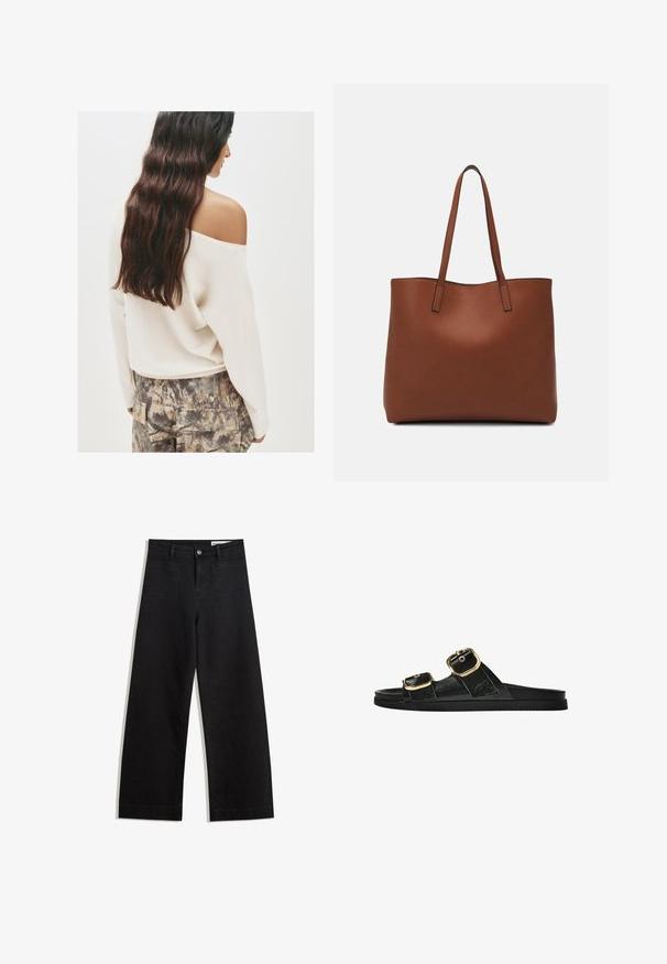 Crème off-shoulder trui met lange mouwen, gecombineerd met gestreepte cargobroek in aardetinten en een gestructureerde stof.; Zwarte denim broek met wijde pijpen en een hoge taille, voorzien van voor- en achterzakken, gestikte naden en een knoopsluiting. Gladde textuur.; Zwarte slipper met twee gouden gesps, gladde textuur, platte zool en een minimalistisch ontwerp.; Bruine leren tote bag met een gladde textuur, een ontwerp met een open bovenkant en twee schouderbanden. Kenmerkt zich door minimale stiksels en geen zichtbare hardware.