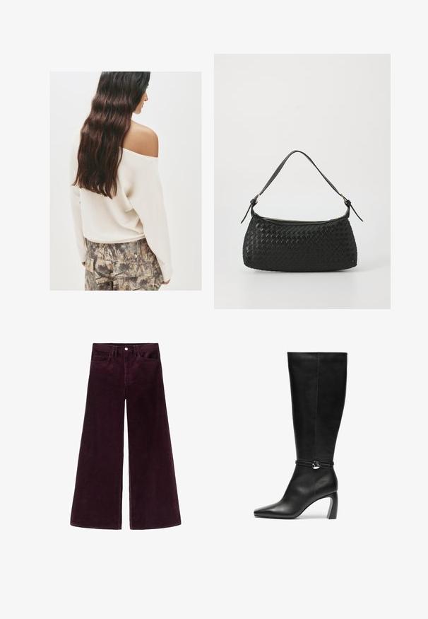 Krema pulover bez naramenica s dugim rukavima, u kombinaciji s cargo hlačama s uzorkom u zemljanim tonovima i teksturiranim materijalom.; Široke hlače od kordura u dubokoj burgundiji, s visokim strukom, kopčanjem na dugme i klasičnim dizajnom s pet džepova, s rebrastom teksturom.; Crne kožne čizme do koljena s oštrim vrhom i debelim potplatom. Imaju remen s kružnim detaljem oko gležnja.; Crna torba preko ramena od tkanine s glatkim kožnim remenom i zatvaranjem na patentni zatvarač. Ima teksturiranu površinu i zakrivljen oblik.