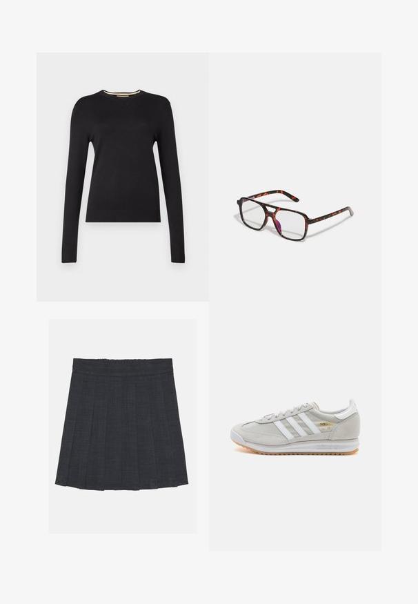 Melnā garo piedurknu džemperis, kas izgatavots no gludas adījuma materiāla. Iezīmējas ar ribotu kakla izgriezumu un aprocēm, ar pieguļošu siluetu un bez redzamām rakstu dizainiem.; Tumši pelēks plisēts svārki ar elastīgu jostu, ar teksturētu audumu un klasisku A formas siluetu. Piemēroti ikdienas valkāšanai.; Gaišpelēka kedas, izgatavotas no zamša un sieta, ar trim baltām svītrām, apaļu purngalu un gumijas zoli. Zelta logo akcenta detaļa blakus auklām.; Tortoiseshell krāsas brillēm ar taisnstūra lēcām, melniem un oranžiem rāmiem, kas izceļas ar spīdīgu apdari un šauriem kājiņām.