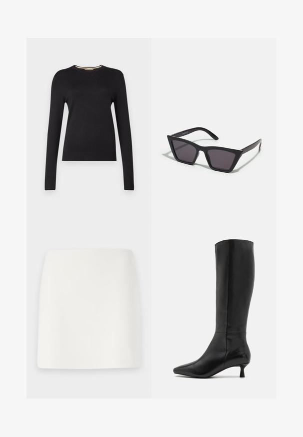 Black long-sleeve sweater made of a smooth knit material. Features a ribbed neckline and cuffs, with a fitted silhouette and no visible patterns.; White, fitted mini skirt with a smooth texture and clean lines. No visible patterns or hardware. Straight hem at the bottom.; Zign Boots - black; Black, angular sunglasses with gray lenses; made of plastic, featuring thick arms with a smooth surface and no visible hardware.; Black suede clutch bag with a zip closure and detachable wrist strap. Features gold-tone hardware and a smooth, matte texture.