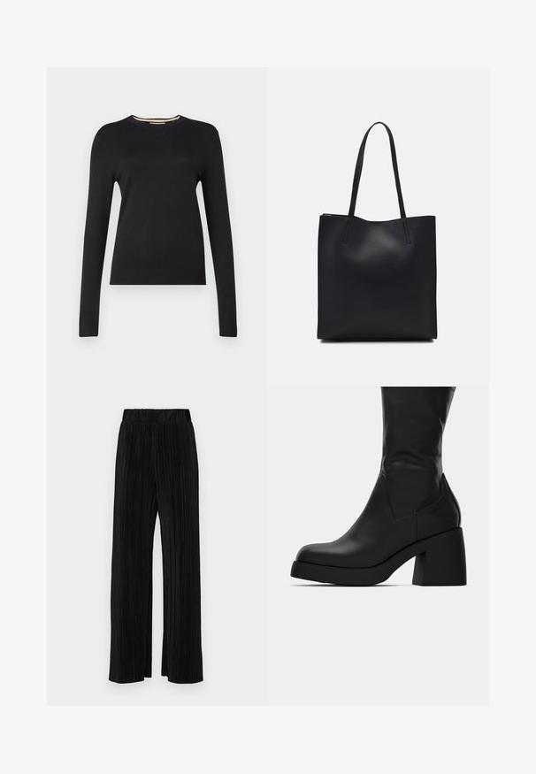 Schwarzer Pullover mit langen Ärmeln aus glattem Strickmaterial. Verfügt über einen gerippten Rundhalsausschnitt und Bündchen, hat eine figurbetonte Silhouette und keine sichtbaren Muster.; Schwarze plissierte Hose mit elastischem Bund. Verfügt über weite Hosenbeine und einen glatten, strukturierten Stoff mit vertikalen Streifen.; Schwarze Lederstiefelette bis zur Mitte der Wade mit kräftigem Blockabsatz und runder Zehenpartie, seitliche Ansicht auf weißem Hintergrund.; Schwarze Laptoptasche aus Leder mit glatter Textur, rechteckiger Form und zwei langen Griffen. Keine sichtbaren Beschläge oder Verzierungen.