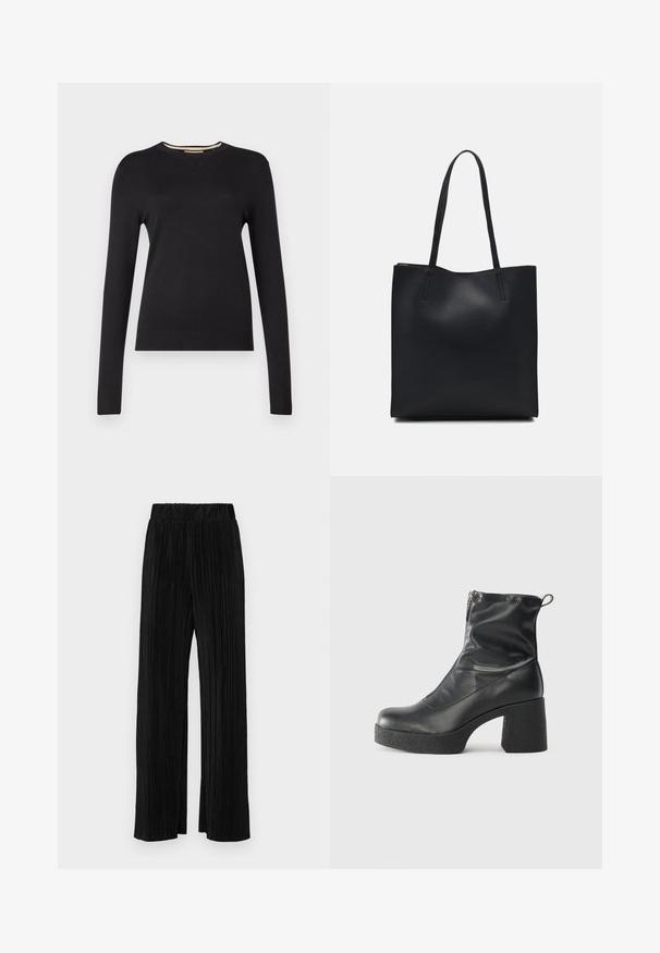 Černý svetr s dlouhým rukávem vyrobený z hladkého pleteného materiálu. Má žebrovaný výstřih a manžety, s přiléhavým střihem a bez viditelných vzorů.; Černé plisované kalhoty s elastickým pasem. Mají široké nohavice a hladkou, strukturovanou tkaninu s vertikálními pruhy.; Černé kotníkové boty vyrobené z hladké kůže, s bočním zipem, robustním strukturovaným podpatkem a kulatou špičkou.; Černá kožená taška přes rameno s hladkým povrchem, obdélníkovým tvarem a dvěma dlouhými uchy. Žádné viditelné kování ani ozdoby.