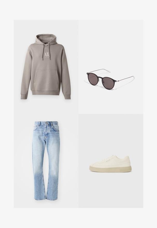 Szürke kapucnis pullóver, középen elhelyezett kenguru zsebbel, állítható húzózsinóros kapucnival és egy kisebb fehér logóval a mellen. Puha szövettextúra.; Világoskék farmernadrág egyenes szára. Öt zsebbel, gombos záródással és a szár alján halványos textúrával rendelkezik.; Fehér vászon sportcipők texturált gumitalppal, varrott orral és logóval díszített sarokkal. Egyszerű fűzős kialakítás.; Fekete kerek napszemüveg sötét lencsékkel és karcsú fém szárakkal. Átlátszó szárvégeket és ezüst részleteket tartalmaz az ívnél. Minimalista dizájn.