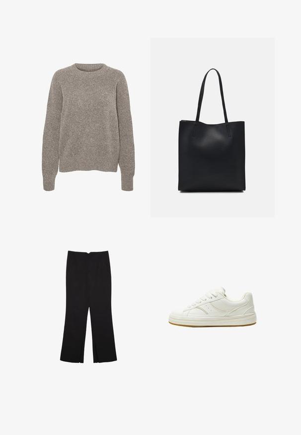 Lys grå strikket trøje med rund hals, lange ærmer og en subtil tekstureret overflade. Ingen synlige mønstre eller detaljer.; Sorte bukser med lige pasform, der har frontlommer og slidser i kanten. Lavet af blødt, glat stof. Velegnet til forskellige anledninger.; Hvide lædersneakers med rund tå, tykk gummisål og seks snørrehuller. Har subtil syning og en struktureret ydersål for godt greb.; Sort læder tote taske med glat tekstur, rektangulær form og to lange hanke. Ingen synlig hardware eller udsmykninger.