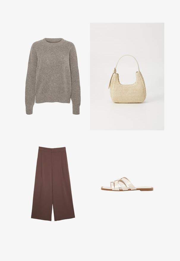 Svetlošedý pletený sveter s okrúhlym výstrihom, dlhými rukávmi a jemnou textúrovanou povrchovou úpravou. Bez viditeľných vzorov alebo akcentov.; Hnedé nohavice so širokými nohavicami a hladkou textúrou, s vysokým pásom a prednými skladmi. Tkanina je ľahká a voľne sa pohybuje.; Ploché sandále s hnedou gumovou podrážkou, navrhnuté s tromi prekrývajúcimi sa bielymi koženými popruhmi a malou mašličkou uprostred.; Tkaná slamenná kabelka v béžovej farbe s oblým tvarom, krátkym uškom a bočným zipsom. Má textúrovaný povrch a minimalistický dizajn.