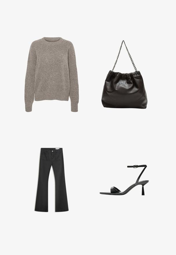 Jasnoszary sweter wykonany z dzianiny, z okrągłym dekoltem, długimi rękawami i subtelnym teksturalnym wykończeniem. Brak widocznych wzorów lub akcentów.; Czarne dżinsy w fasonie z dzwonami, wykonane z denimu o gładkiej teksturze, z dwiema tylnymi kieszeniami i zapięciem na guzik w talii.; Bershka - Sandały na obcasie; Brązowa skórzana torba z marszczonym szczytem i łańcuszkowym paskiem. Gładka tekstura z błyszczącym wykończeniem i subtelnymi detalami szwów po bokach.