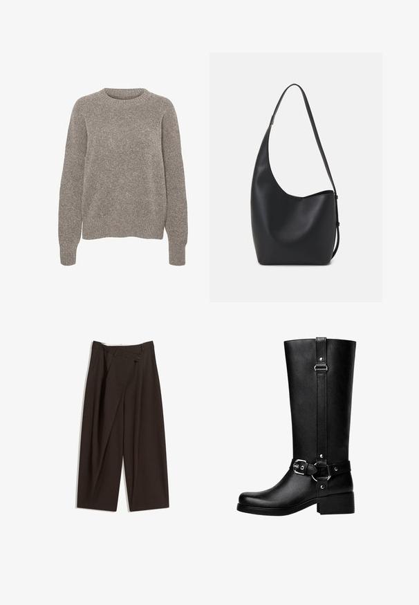 Lichtgrijze gebreide trui met een ronde halslijn, lange mouwen en een subtiele textuurafwerking. Geen zichtbare patronen of accenten.; Donkere bruin wijde broek met een hoge taille, voorzien van een enkele knoopsluiting en een geplooide voorkant. Gemaakt van lichtgewicht stof.; Hoge zwarte neplederen laarzen met een ronde neus, accentriem met gespsleutel en een brede hak. Glad textuur en verticale naad op de schacht.; Zwarte leren hobo tas met een gladde textuur, kromme vorm en een enkele verstelbare schouderband; heeft een brede opening aan de bovenkant.