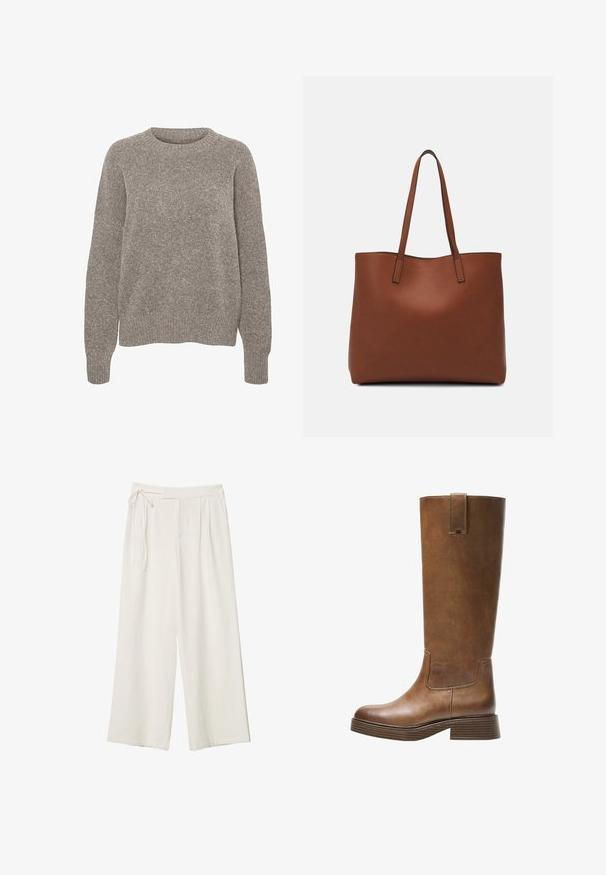 Svijetlosivi pleteni pulover s okruglim izrezom, dugim rukavima i suptilnom teksturom. Bez vidljivih uzoraka ili naglasaka.; Hlače širokih nogavica od off-white tkanine s glatkom teksturom. Imaju vezani struk i naborani prednji dio, dizajnirane za opuštenu prilagodbu.; Smeđe kožne čizme do koljena s zaobljenim nosom, teksturiranom površinom i niskim debljim potplatom. Imaju bočni panel i povlačnu traku na vrhu.; Smeđa kožna torba preko ramena s glatkom teksturom, otvorenim vrhom i dvjema naramenicama. Ima minimalne šavove i nema vidljivog hardvera.
