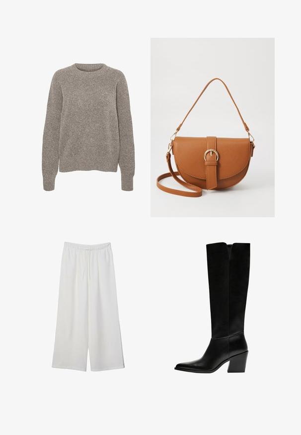 Jasnoszary sweter wykonany z dzianiny, z okrągłym dekoltem, długimi rękawami i subtelnym teksturalnym wykończeniem. Brak widocznych wzorów lub akcentów.; Białe szerokie spodnie wykonane z lekkiego materiału, z elastyczną talią i sznurkiem do regulacji fasonu. Gładka tekstura.; Czarne kozaki do kolan wykonane z gładkiej skóry, z ostro zakończonym noskiem, blokowym obcasem i wycięciem w kształcie litery V na górze.; Brązowa skórzana torba na ramię o zaokrąglonym kształcie, ze złotymi akcentami i zapięciem w formie klamry. Posiada odpinany pasek na ramię.