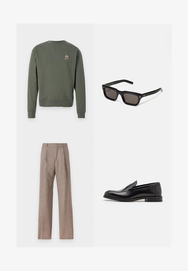 Sudadera a maniche lunghe color verde oliva con scollo rotondo e un piccolo logo Bally multicolore sul lato sinistro del petto.; Pantaloni marroni a vita alta realizzati in tessuto testurizzato. Presentano gambe ampie e due pieghe frontali per struttura. Rifinitura curata senza hardware visibile.; Mocassini neri in pelle con una texture liscia, punta arrotondata e una striscia decorativa sulla tomaia. Tacco basso impilato, design minimalista.; Occhiali da sole neri rettangolari con lenti scure, montatura spessa in plastica, dettagli dorati sulle tempie e logo del marchio inciso sull'asta.