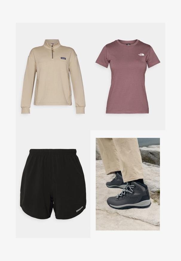 Beige fleece genser med halv glidelås, ståkrage og lange ermer. Har en liten lapplogo på venstre bryst. Myk tekstur.; Kortermet t-skjorte med rund hals i dempet mauve-farge, laget av myk stoff med en liten hvit logo på venstre bryst. Glatt tekstur.; Svart trening shorts med elastisk midje, med buet nederkant, sidelommer og en liten hvit "Patagonia"-logo nederst til høyre.; Columbia turstøvler i mørkegrå med lysegrå detaljer, med høyhælte design, tekstil- og syntetiske materialer, og robust såle.