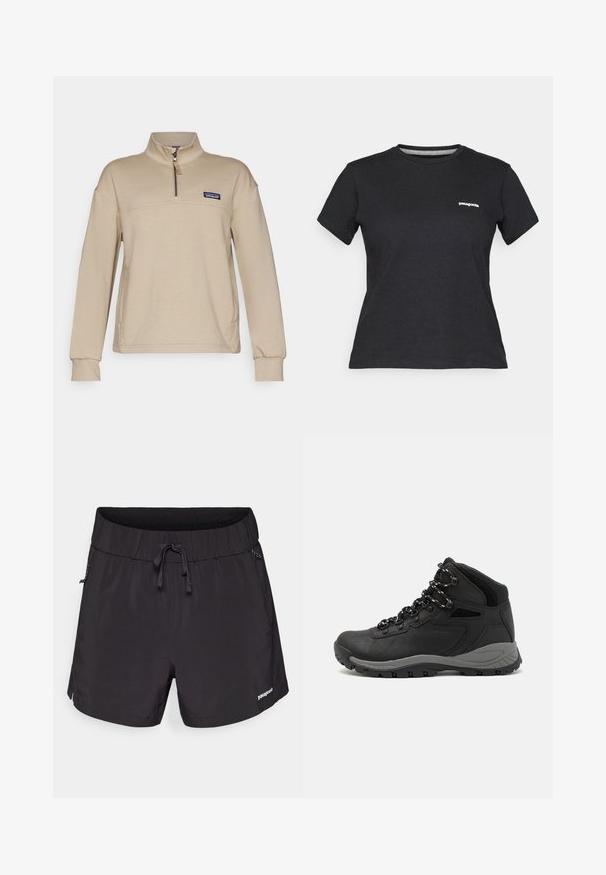 Béžový fleece pulóver s polovičným zipsom, stojacím golierom a dlhými rukávmi. Obsahuje malú nášivku s logom na ľavej hrudi. Mäkká textúra.; Čierne bavlnené tričko s okrúhlym výstrihom a krátkymi rukávmi. Obsahuje biele logo "Patagonia" v ľavej časti hrudníka.; Čierne plavecké šortky vyrobené z ľahkej tkaniny, s elastickým pásom, šnúrkou na sťahovanie a bočnými vreckami pre funkčnosť.; Čierna turistická obuv s polovičným strihom, s textúrovaným zvrškom, šedými akcentmi a odolnou gumovou podrážkou s protišmykovými hrebienkami.