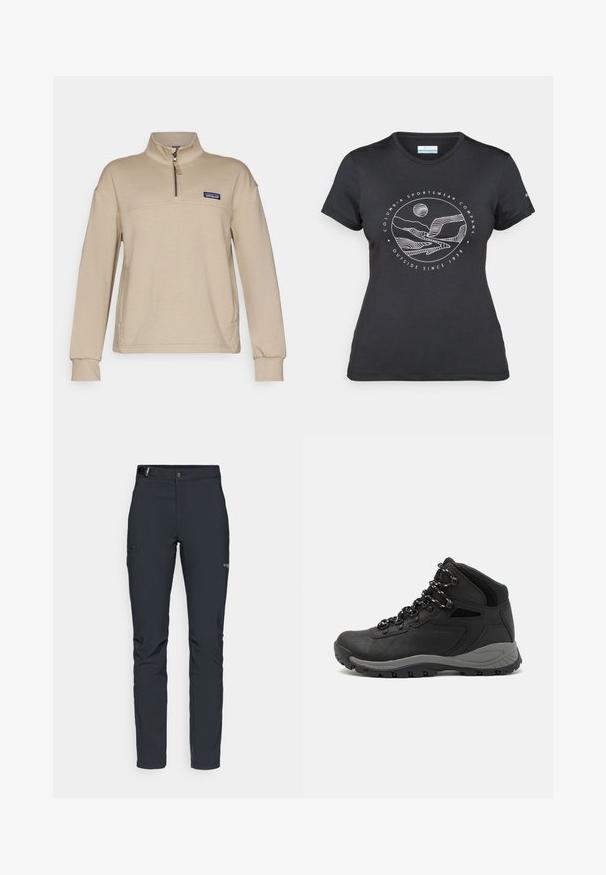 Pulôver de fleece bege com meio fecho, gola alta e mangas longas. Apresenta um pequeno logotipo em patch no lado esquerdo do peito. Textura macia.; T-shirt preto da Columbia com arte em linha branca circular representando montanhas e rios, e o texto "Columbia Sportswear Company Outside Since 1938."; Calças de exterior para homens, cinza escuro, feitas de material flexível, com cinto, bolsos com fecho éclair e costuras reforçadas.; Bota de caminhada preta com design de cano médio, apresentando um upper texturizado, detalhes cinzentos e sola de borracha durável com cravos de tração.