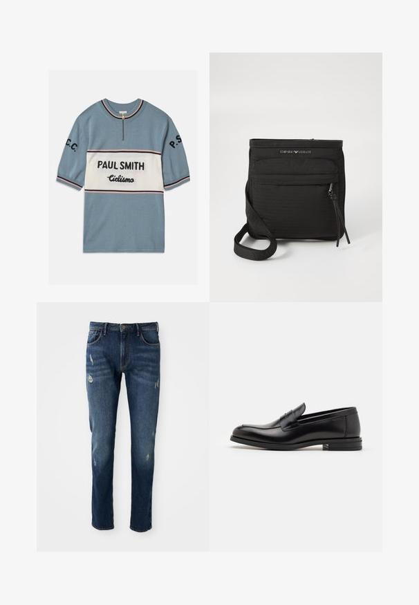 Maglione azzurro a maniche corte con una banda orizzontale bianca. Presenta "PAUL SMITH" e "Ciclismo" in testo nero, con strisce rosa e nere ai bordi.; Jeans in denim blu scuro con vestibilità slim, lievi abrasioni su cosce e ginocchia, design classico a cinque tasche e chiusura con bottone.; Mocassini neri in pelle con una texture liscia, punta arrotondata e una striscia decorativa sulla tomaia. Tacco basso impilato, design minimalista.; Borsa a tracolla nera Emporio Armani con tasca anteriore con zip, tracolla regolabile e dettaglio del logo su tessuto testurizzato.