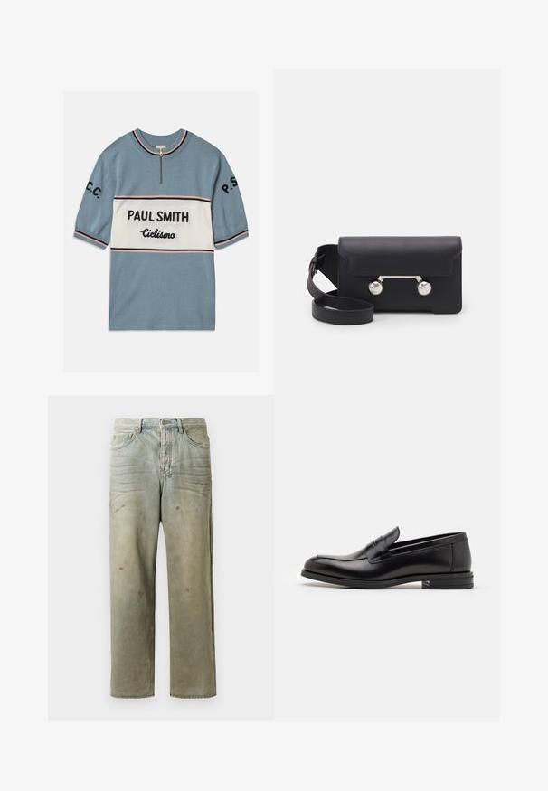 Kurzärmliger blauer Pullover mit einem weißen horizontalen Streifen. Beinhaltet "PAUL SMITH" und "Ciclismo" in schwarzem Text, mit pinken und schwarzen Streifen an den Rändern.; Distressed Denim-Jeans in Hellgrün, mit geradem Bein, Fünf-Taschen-Design und ungleichmäßiger Ausbleichung sowie Farbspritzern.; Schwarze Lederloafers mit glatter Textur, rundem Zehenbereich und einem dekorativen Riemen über dem Vorderfuß. Niedriger, gestapelter Absatz, minimalistisches Design.; Schwarze Leder-Umhängetasche mit Klappenverschluss, silberfarbener Hardware und zwei runden Akzenten. Verfügt über einen abnehmbaren Schulterriemen. Glatte Textur.