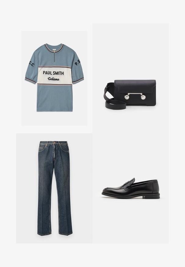 Krátký rukáv modrý svetr s bílým horizontálním pruhem. Obsahuje černý text "PAUL SMITH" a "Ciclismo", s růžovými a černými pruhy na okrajích.; Tmavě modré džíny rovného střihu s předním poutkem, zipem, dvojitými předními kapsami a viditelnými vertikálními záhyby na nohavicích.; Černé kožené polobotky s hladkou texturou, zaoblenou špičkou a zdobným páskem přes nárt. Nízký stohovaný podpatek, minimalistický design.; Černá kožená crossbody taška s klopovým zavíráním, stříbrným kováním a dvěma kulatými detaily. Obsahuje odnímatelný popruh. Hladká textura.