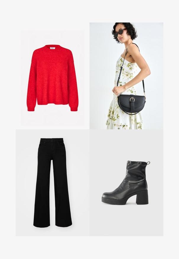 Envii ADA - Maglione - salsa melange; Pantaloni neri a gamba larga in denim, con una vita strutturata, passanti per la cintura e tasche frontali. Texture liscia con un design classico.; Stivali neri alla caviglia in pelle liscia, con zip laterale, tacco spesso e texture, e punta arrotondata.; Borsa a tracolla nera in pelle con una forma curva, manico rimovibile e accessori dorati. La borsa presenta una patta con un dettaglio a fibbia.