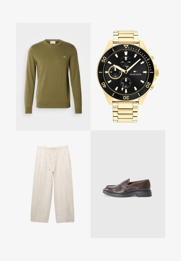 Maglione a maglia verde oliva con collo rotondo, maniche lunghe e polsini e orlo a coste. Presenta un piccolo logo ricamato sul petto.; Pantaloni in lino di colore beige chiaro, con una vita elastica e cordoncino, design a gamba larga e tasche laterali. Texture liscia.; Mocassini in pelle marrone con finitura liscia, punta arrotondata, cuciture minime e suola spessa in gomma nera. Nessun hardware o accenti visibili.; Orologio in metallo color oro con quadrante nero, indicatori luminosi e tre sotto-quadranti. Presenta un cinturino testurizzato e il logo “HILFIGER” al centro.; Orecchini a croce in oro con una finitura liscia e un gancio appeso, caratterizzati da un design semplice e allungato. Ogni croce è uniforme in dimensione.