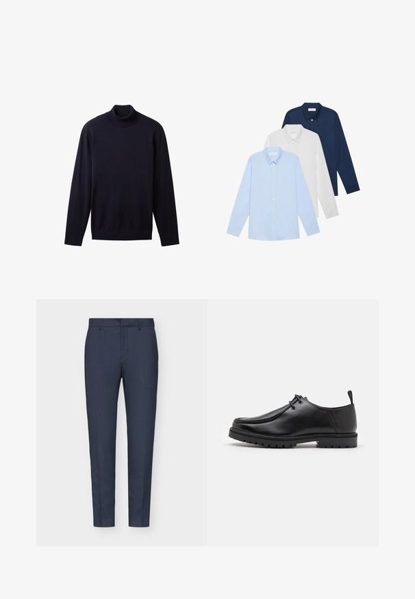 Mørkeblå turtleneck sweater lavet af blødt stof, med lange ærmer og en tætsiddende design med høj krave. Glat overflade.; Tre langærmede skjorter: lyseblå, hvid og marineblå. Alle har en klassisk krave og knaplukning foran, lavet af glat stof.; Marineblå skræddersyede bukser med en glat tekstur, slim fit, central fals og bæltestropper. Stoffet har et subtilt vævet mønster.; Sort læder snøresko med en robust sål og en pull tab ved hælen, vist fra siden på en hvid baggrund.