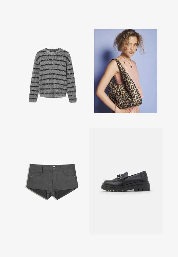 Gray knitted sweater with black horizontal stripes, crew neck, and ribbed texture. Features long sleeves and a rounded hem.; Gray denim shorts with two front pockets, dual front buttons, and a fitted design. The fabric has a smooth texture.; Black loafer-style shoe with a chunky platform sole, smooth leather upper, decorative chain accent, and slight heel with notched detail.; Woman with curly hair wearing a pink sleeveless top and gold heart necklace, carrying a large leopard print shoulder bag.