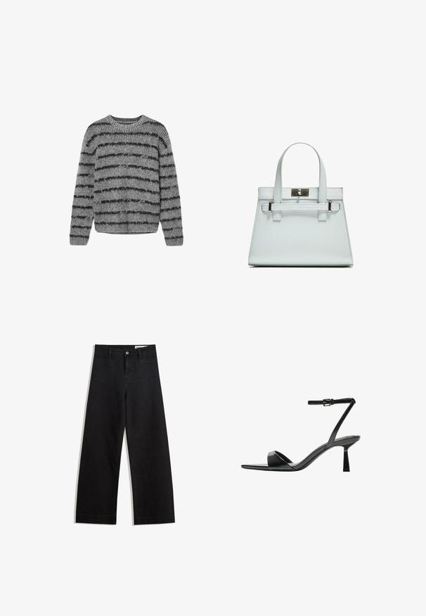 Pull en tricot gris avec des rayures noires horizontales, col rond et texture côtelée. Il possède des manches longues et un ourlet arrondi.; Pantalon en denim noir à jambes larges avec une taille haute, comprenant des poches avant et arrière, des coutures piquées et une fermeture à bouton. Texture lisse.; Bershka Sandales à talons hauts - black; Sac à main bleu clair au design structuré, avec deux anses et un fermoir en métal argenté. Matériau texturé et angles vifs.