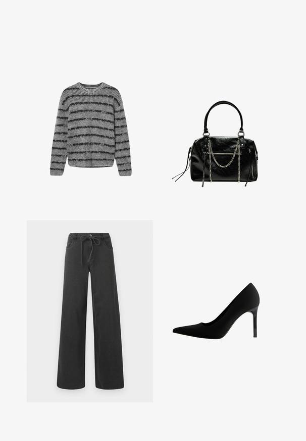 Pull en tricot gris avec des rayures noires horizontales, col rond et texture côtelée. Il possède des manches longues et un ourlet arrondi.; Jean noir à jambes larges en denim, dotés d'une taille à cordon, de deux poches avant et d'une texture lisse. Aucun motif ou accent visible.; Escarpin noir à talons hauts avec un bout pointu, en matériau mate et lisse, talon aiguille élancé et une subtile découpe à la voute.; Bershka WITH CHAIN - Sac à main - black