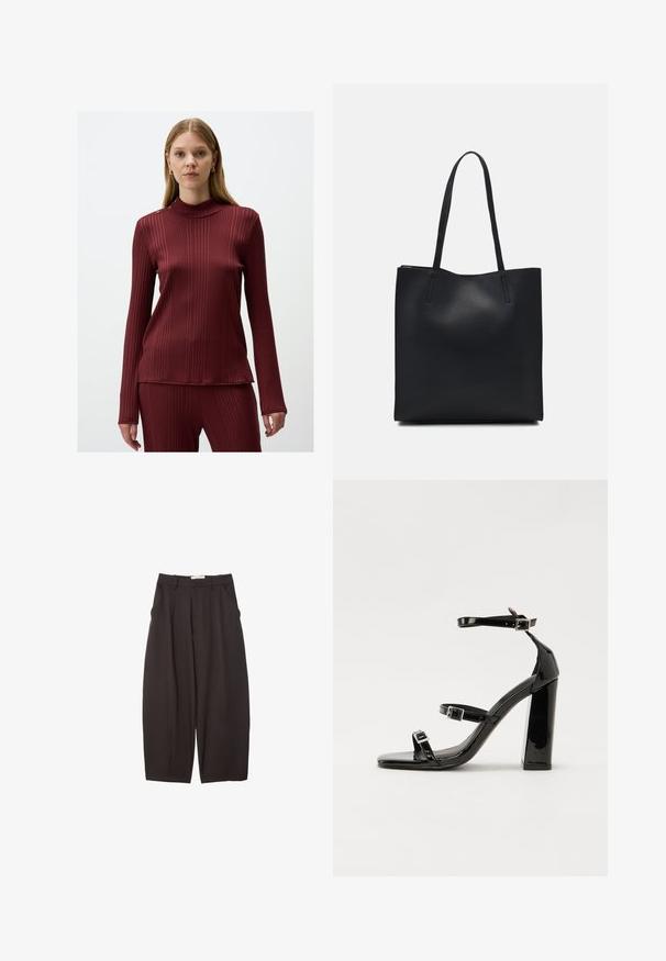Bordeauxfarbenes, geripptes Langarmoberteil mit hochgeschlossenem Kragen und Knopfdetails an der Schulter. Hergestellt aus einem glatten, dehnbaren Material mit figurbetontem Schnitt.; Schwarze weit geschnittene Hosen aus einem glatten Stoff, mit hoher Taille, Frontfalten und Seitentaschen. Schlichtes Design ohne Verzierungen.; Schwarze patentierte Sandalen mit Absatz, quadratischer Spitze, Knöchelriemen und silbernen Schnallen. Mit einem stabilen Blockabsatz für mehr Stabilität.; Schwarze Laptoptasche aus Leder mit glatter Textur, rechteckiger Form und zwei langen Griffen. Keine sichtbaren Beschläge oder Verzierungen.