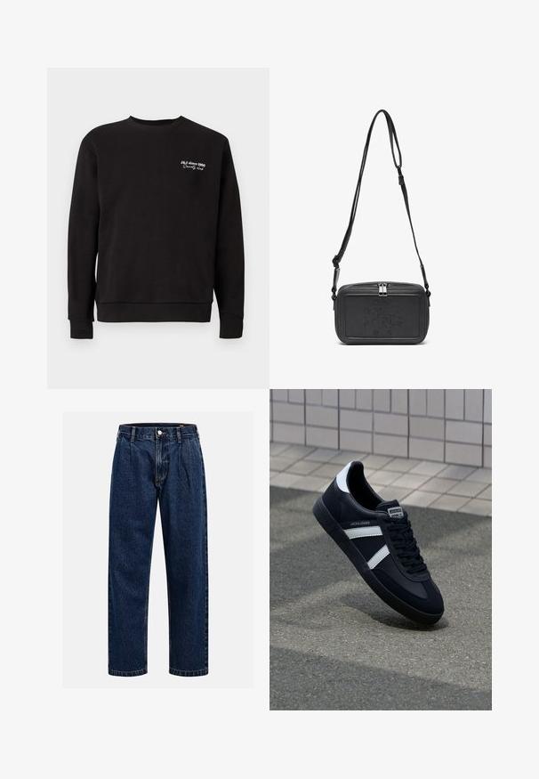Schwarzer Pullover mit Rundhalsausschnitt, gerippten Bündchen und Saum. Mit weißem gesticktem Text "J&J seit 1990 Society Club".; Dunkelblaue Denim-Jeans mit geradem Bein. Mit sichtbaren Nähten, einem Knopfverschluß und Frontfalten für zusätzliche Details.; Schwarze Leder-Sneaker mit weißen Streifen, strukturiertem Gummisohle und Schnürung. Verfügt über ein Markenetikett auf der Zunge.; Schwarze Leder-Crossbody-Tasche mit einem Reißverschluss, geprägtem Logo auf der Vorderseite und verstellbarem Riemen. Glatte Textur mit rechteckiger Form.