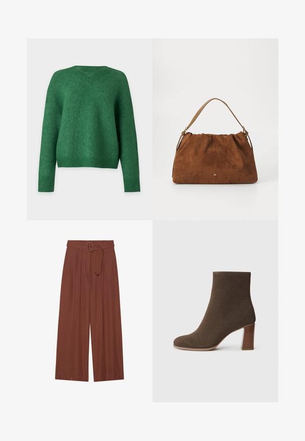 Zeleni pleteni pulover s V-izrezom, nabačenimi ramenima in dolgimi rukavima. Rebrasti manšeti in donji rub, teksturiran materijal, ležeran kroj.; Hlače širokih nogavica od smeđeg materijala, s remenom sa kvadratnom kopčom, nabranim dizajnom i glatkom teksturom.; Smeđi nubuk čizme do gležnja s okruglim vrhom i složenim, teksturiranim potplatom. Glatka vanjština bez vidljivih kopčanja ili ukrasa.; Smeđa nubuk torba s nabranim dizajnom, s jednim tamnim kožnim remenom i suptilnim zlatnim logotipom na prednjoj strani.