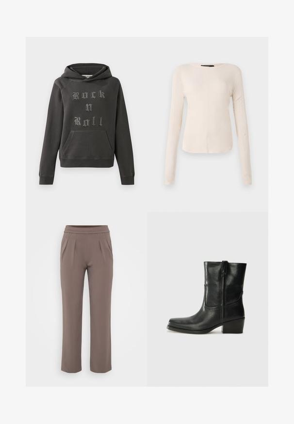 Mörkgrå huvtröja i mjukt material, med en framficka i kängurudesign och prydd med "Rock n Roll" i texturerad silverfärg.; Långärmad, ljusbeige topp med rund halsringning. Tillverkad i mjukt material, har en central söm och något rundad nederkant. Inga synliga detaljer.; Taupe löst sittande byxor med elastisk midja och framfåll, gjorda av ett mjukt tyg.; Svart läderankelboot med rund tå, blockklack, sidodragkedja och sömmar på ovandelen. Slät textur, klassisk design.