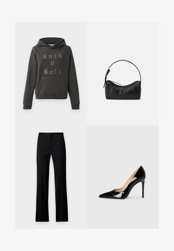Hanorac gri închis dintr-un material moale, având un buzunar mare în față și decorat cu textul "Rock n Roll" în litere argintii texturate.; Pantaloni negri cu croi drept, dintr-un material neted, cu front plat, brâuri pentru curea și fără buzunare sau embellishments vizibile.; Pantofi cu toc înalt din piele patent neagră, cu un design cu vârf ascuțit și o siluetă elegantă. Prezintă un finisaj neted și strălucitor și un toc subțire de tip stiletto.; Geantă de umăr din piele neagră cu un design curbat, închidere cu fermoar și un bareta subțire. Prezintă o textură netedă și detalii discrete de cusătură.